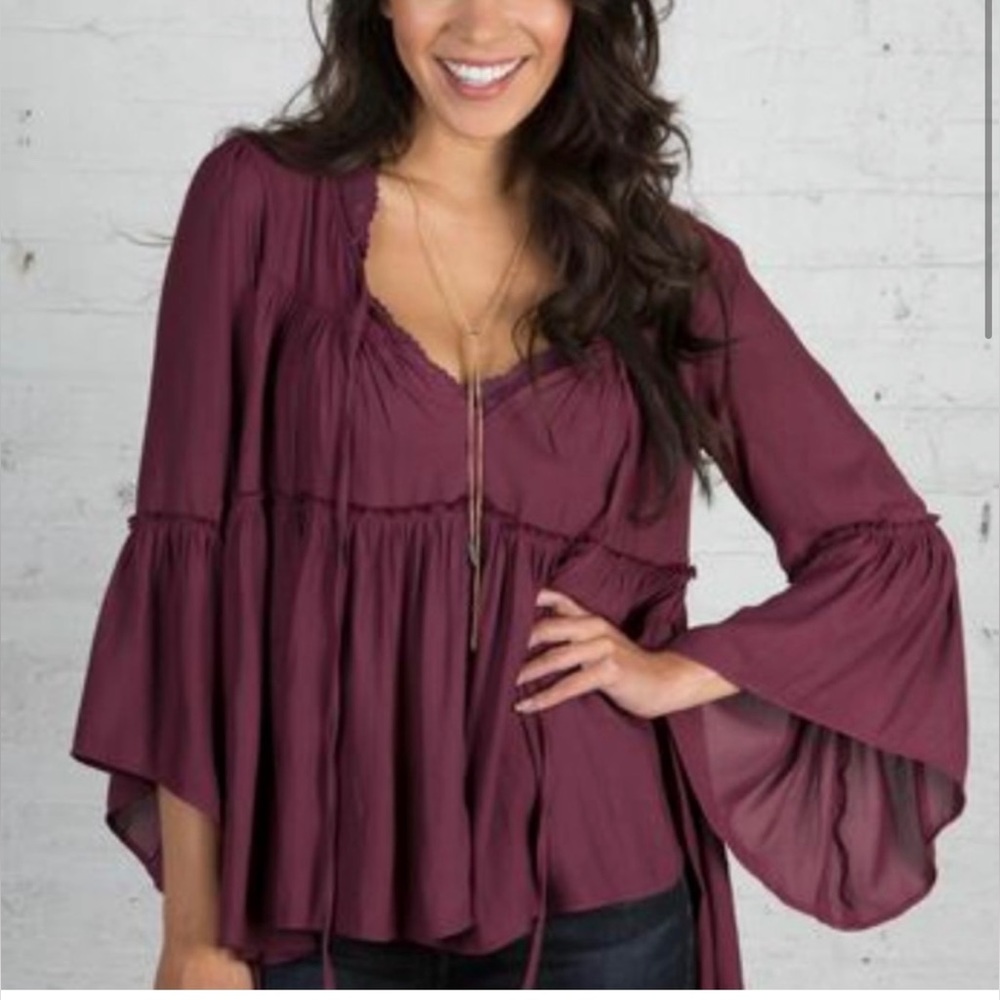 Free People Tiered Flowy Peasant Style Burgundy top size XS